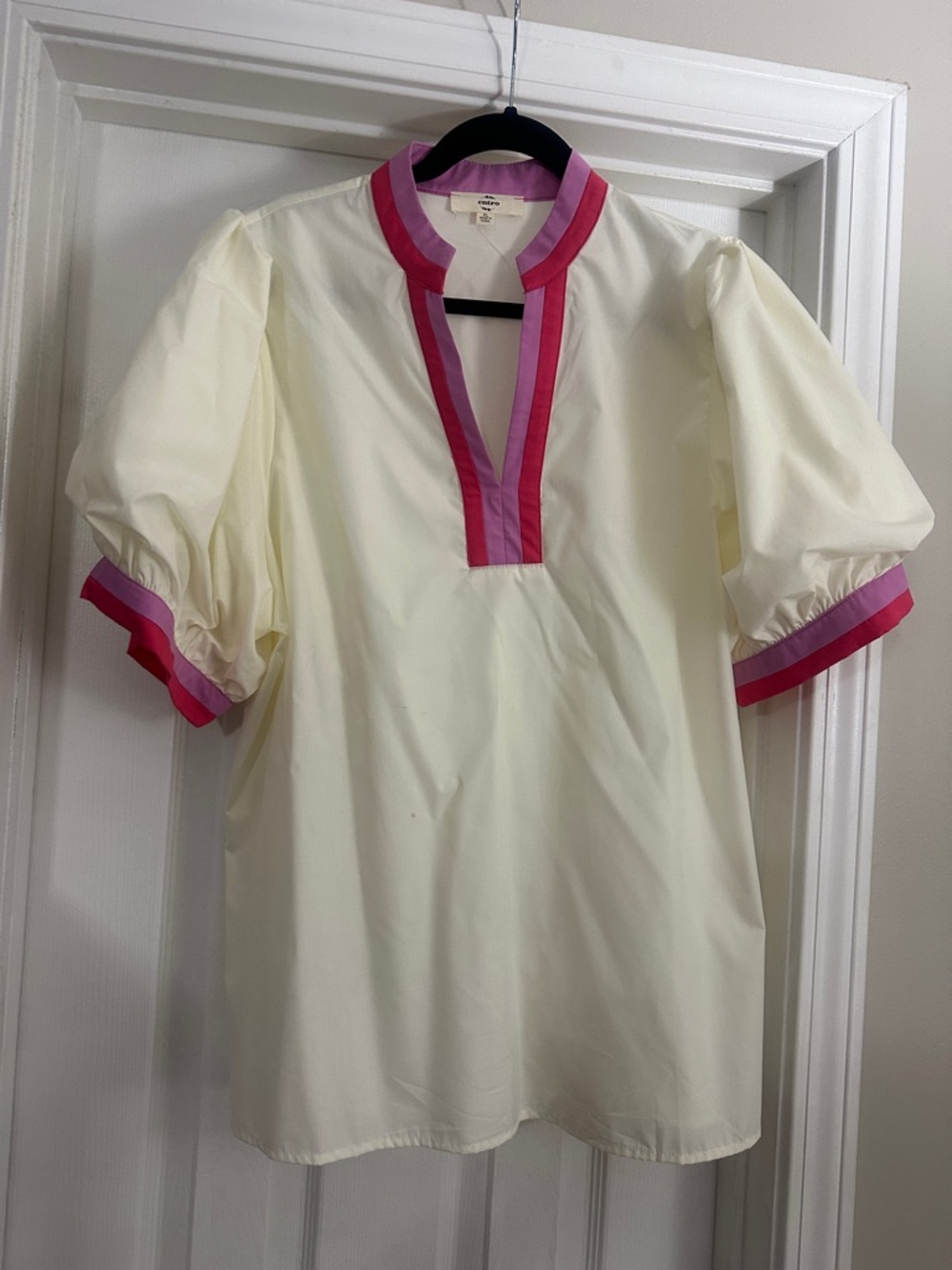 entro Cream Puff Sleeve Blouse with Pink & Purple Trim